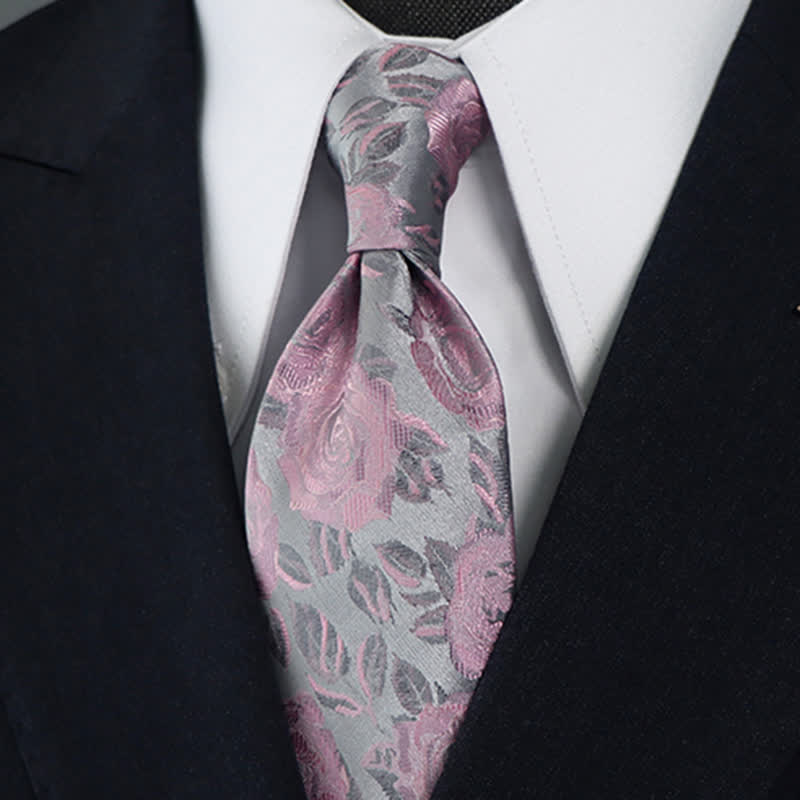 Men's Gray & Pink Rose Floral Pattern Bow Tie Necktie - Necktie - image 0
