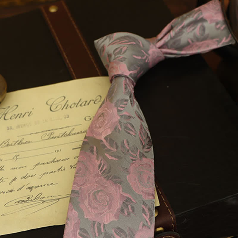 Men's Gray & Pink Rose Floral Pattern Bow Tie Necktie - image 2