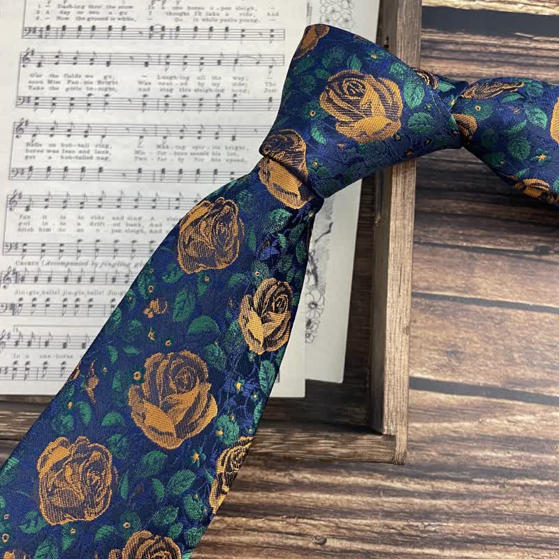 Men's Navy & Orange Rose Floral Printed Bow Tie Necktie - Necktie - image 0