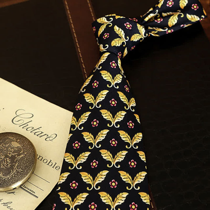 Men's Red Flowers & Gold Butterfly Motifs Dark Blue Necktie - image 2