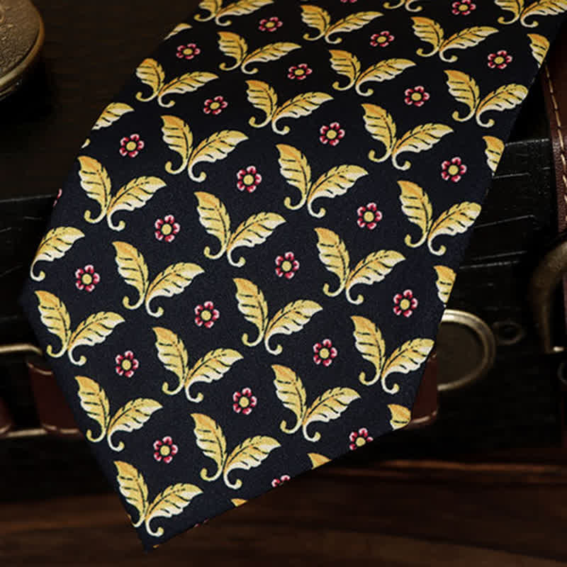 Men's Red Flowers & Gold Butterfly Motifs Dark Blue Necktie - image 1