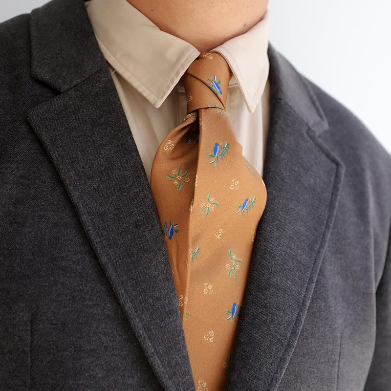 Men's Blue Bird & White Little Flowers Dark Orange Necktie - Dark Orange - image 0