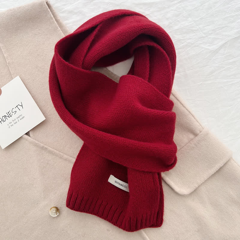 Unisex Classic Solid Color Knit Wool Scarf - Red - image 6