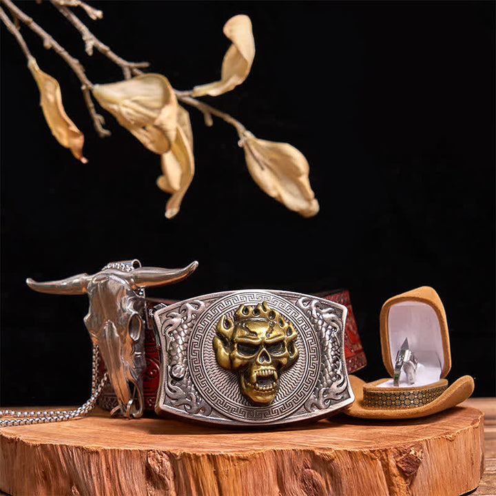Gold Skull DIY Hidden Knife Belt Buckle Bull Pendant Tactical Ring Bundle Set - Gold Skull - Brown Carved Belt - 42 - image 10