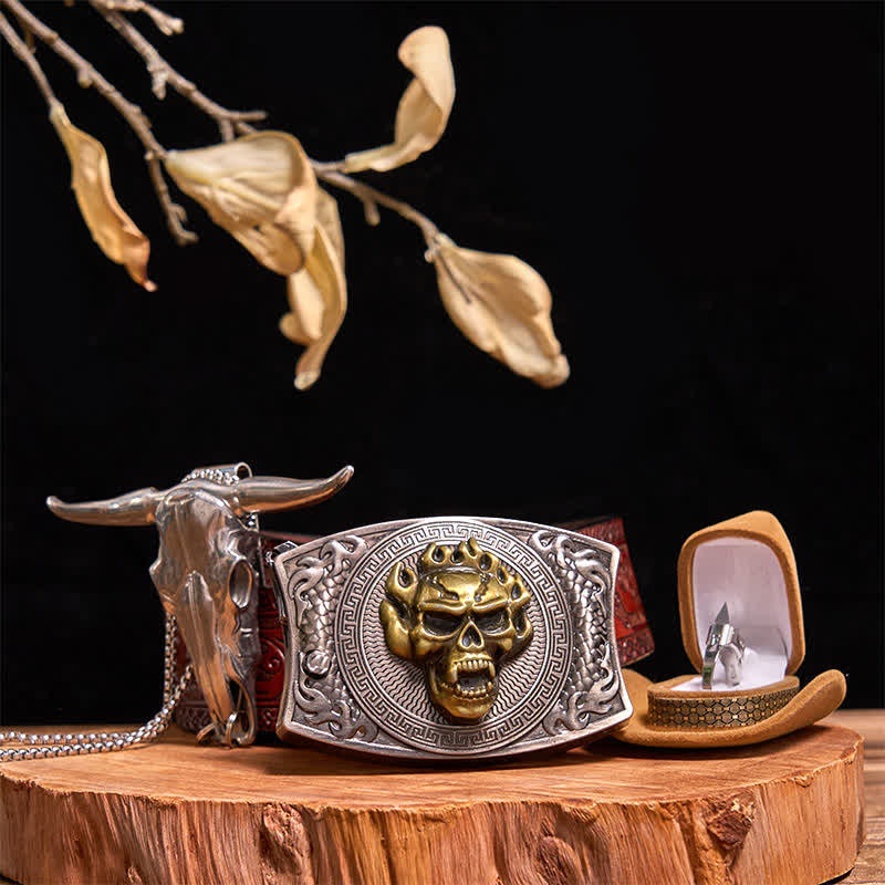 Gold Skull DIY Hidden Knife Belt Buckle Bull Pendant Tactical Ring Bundle Set - Gold Skull - Brown Carved Belt - 42 - image 10
