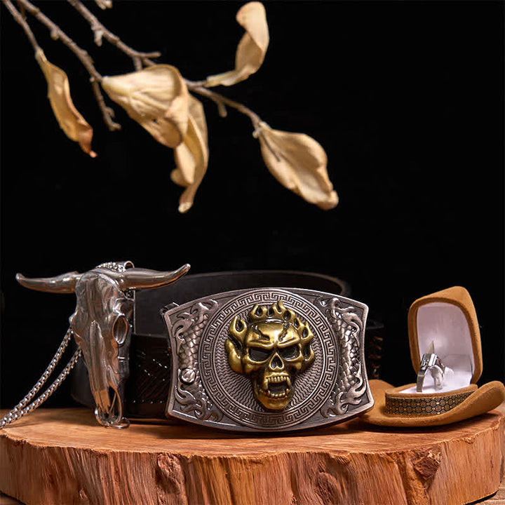 Gold Skull DIY Hidden Knife Belt Buckle Bull Pendant Tactical Ring Bundle Set - Gold Skull - Black Embossed Eagle Belt - 42 - image 0