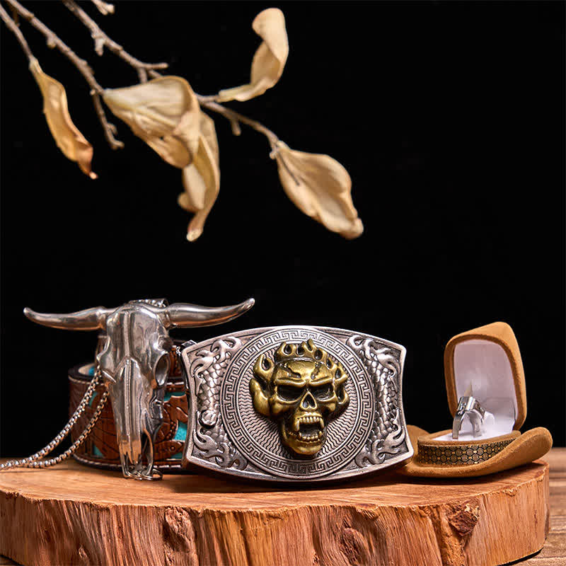 Gold Skull DIY Hidden Knife Belt Buckle Bull Pendant Tactical Ring Bundle Set - Gold Skull - Turquoise Carved Belt - 42 - image 7