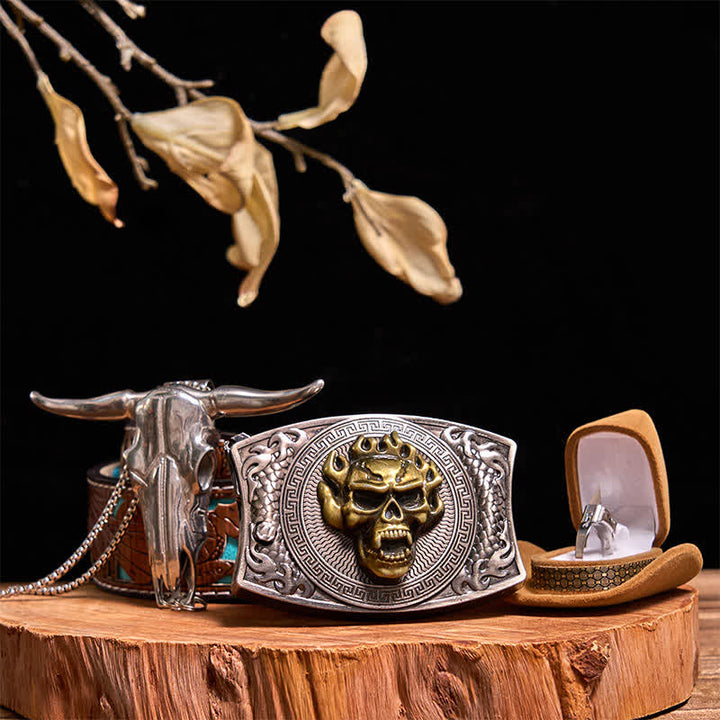 Gold Skull DIY Hidden Knife Belt Buckle Bull Pendant Tactical Ring Bundle Set - Gold Skull - Turquoise Carved Belt - 42 - image 7
