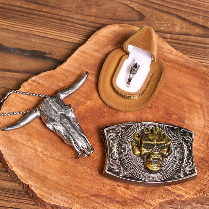 Gold Skull DIY Hidden Knife Belt Buckle Bull Pendant Tactical Ring Bundle Set - image 2
