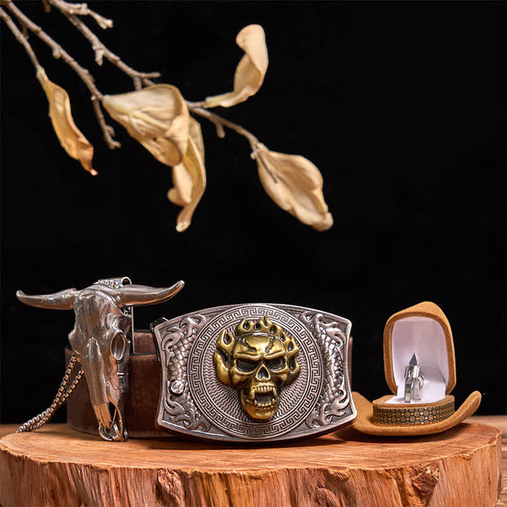 Gold Skull DIY Hidden Knife Belt Buckle Bull Pendant Tactical Ring Bundle Set - Gold Skull - Brown Distressed Belt - 42 - image 9