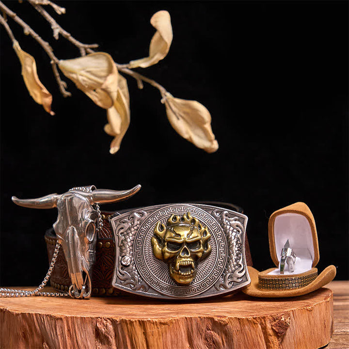 Gold Skull DIY Hidden Knife Belt Buckle Bull Pendant Tactical Ring Bundle Set - Gold Skull - Brown Rivet Belt - 42 - image 8