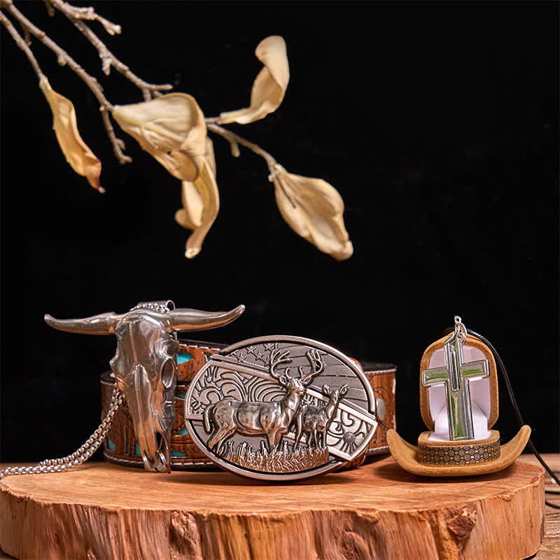 Dual Deers DIY Hidden Knife Belt Buckle Bull Pendant Creative Cross Necklace Bundle Set - Dual Deers - Turquoise Carved Belt - 42 - image 8