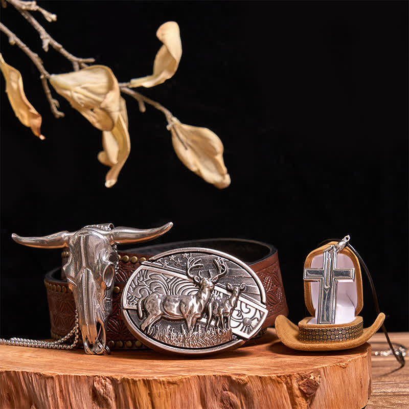 Dual Deers DIY Hidden Knife Belt Buckle Bull Pendant Creative Cross Necklace Bundle Set - Dual Deers - Brown Rivet Belt - 42 - image 9