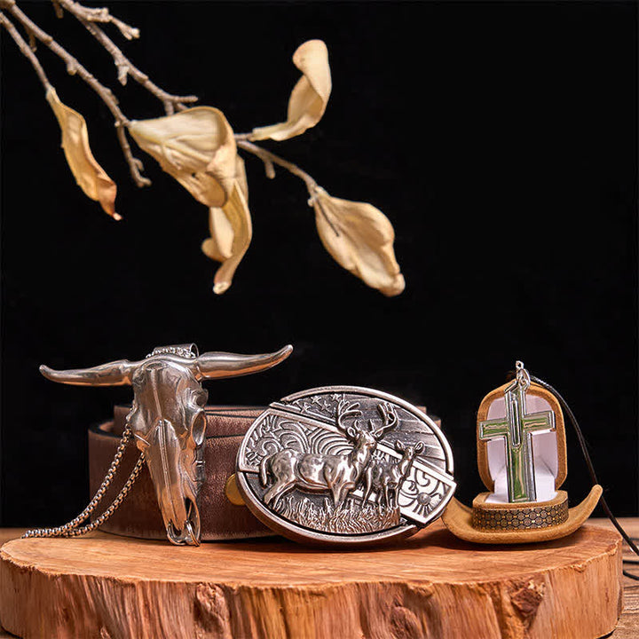Dual Deers DIY Hidden Knife Belt Buckle Bull Pendant Creative Cross Necklace Bundle Set - Dual Deers - Brown Distressed Belt - 42 - image 10