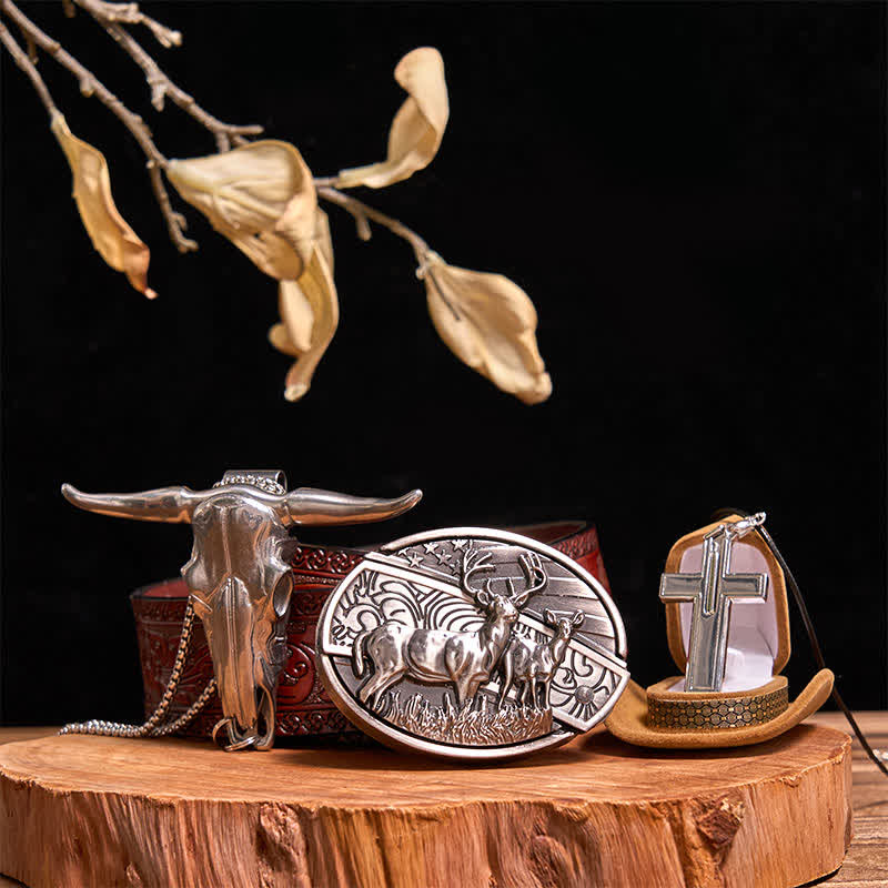 Dual Deers DIY Hidden Knife Belt Buckle Bull Pendant Creative Cross Necklace Bundle Set - Dual Deers - Brown Carved Belt - 42 - image 11