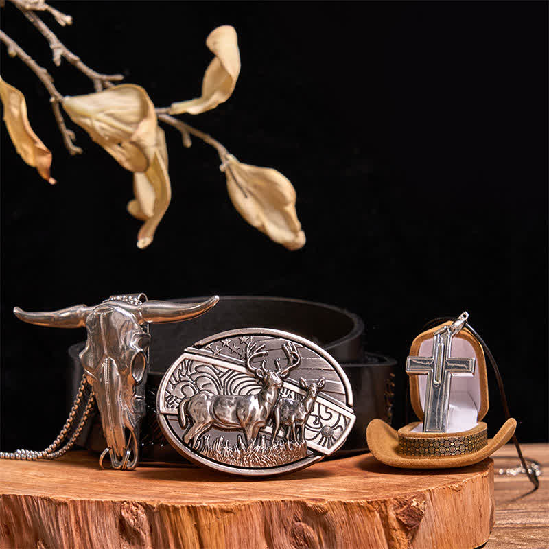 Dual Deers DIY Hidden Knife Belt Buckle Bull Pendant Creative Cross Necklace Bundle Set - Dual Deers - Black Embossed Eagle Belt - 42 - image 0