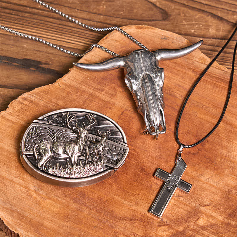 Dual Deers DIY Hidden Knife Belt Buckle Bull Pendant Creative Cross Necklace Bundle Set - Dual Deers - Without Belt - Not Include Belt - image 1