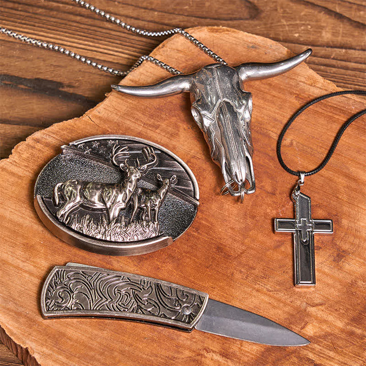 Dual Deers DIY Hidden Knife Belt Buckle Bull Pendant Creative Cross Necklace Bundle Set - image 3