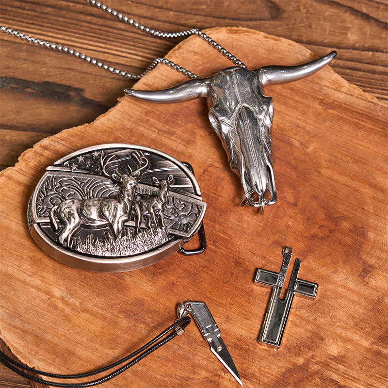 Dual Deers DIY Hidden Knife Belt Buckle Bull Pendant Creative Cross Necklace Bundle Set - image 2