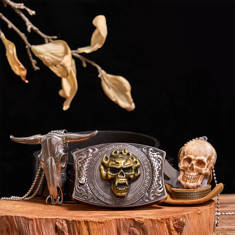 Gold Skull DIY Hidden Knife Belt Buckle Bull Pendant Skull Head Necklace Bundle Set - Gold Skull - Black Embossed Eagle Belt - 42 - image 0