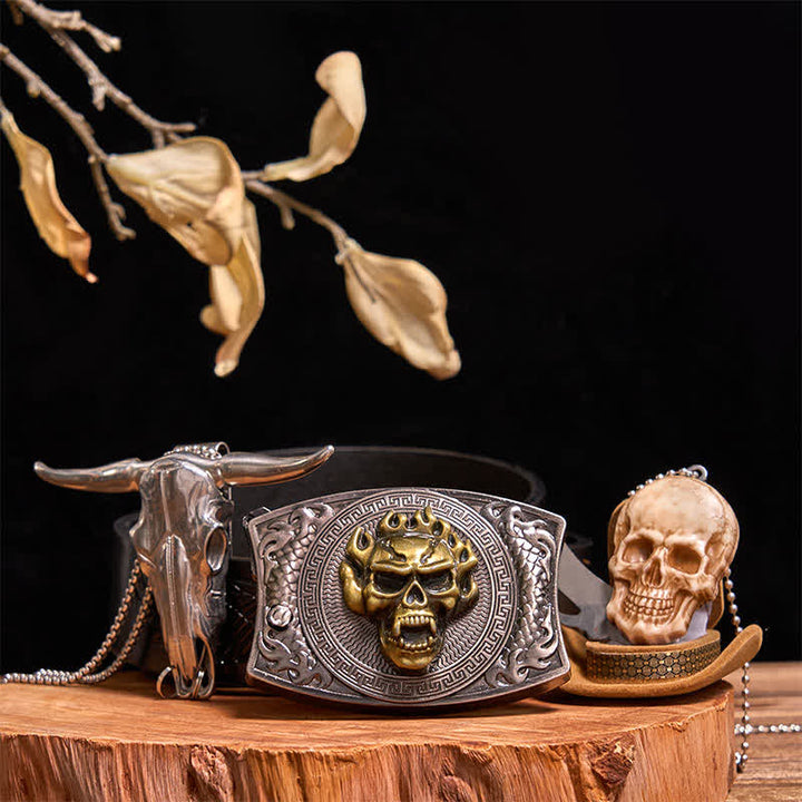 Gold Skull DIY Hidden Knife Belt Buckle Bull Pendant Skull Head Necklace Bundle Set - Gold Skull - Black Embossed Eagle Belt - 42 - image 0