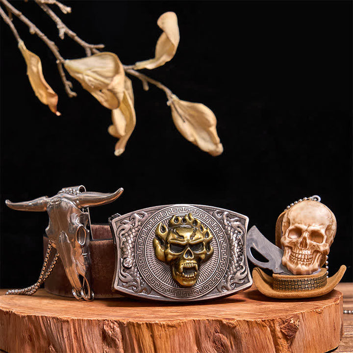 Gold Skull DIY Hidden Knife Belt Buckle Bull Pendant Skull Head Necklace Bundle Set - Gold Skull - Brown Distressed Belt - 42 - image 12