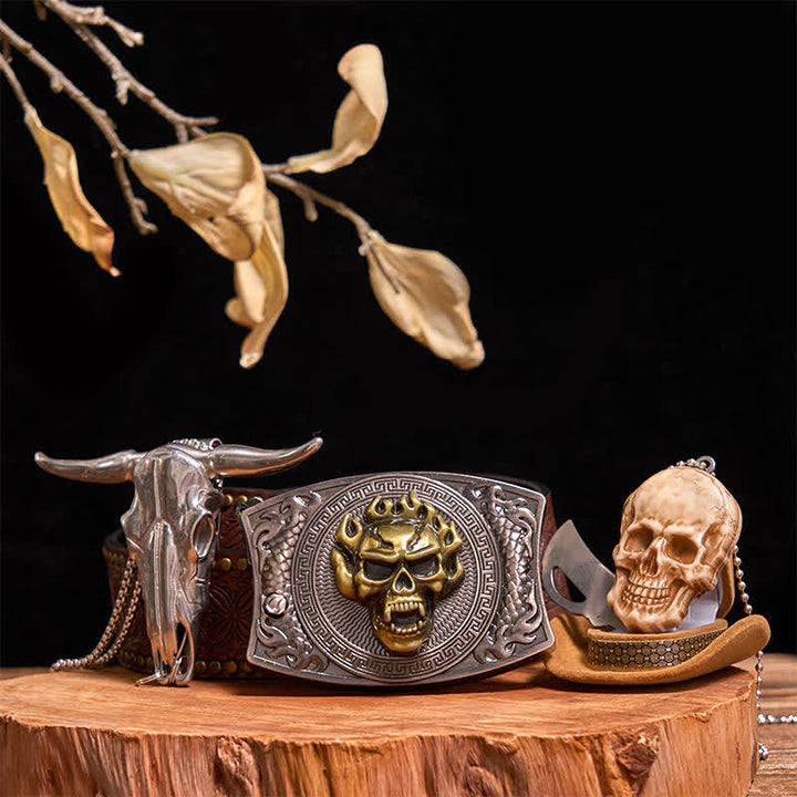 Gold Skull DIY Hidden Knife Belt Buckle Bull Pendant Skull Head Necklace Bundle Set - Gold Skull - Brown Rivet Belt - 42 - image 11