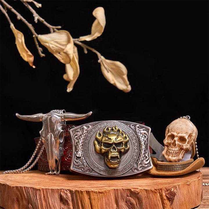 Gold Skull DIY Hidden Knife Belt Buckle Bull Pendant Skull Head Necklace Bundle Set - Gold Skull - Brown Carved Belt - 42 - image 13