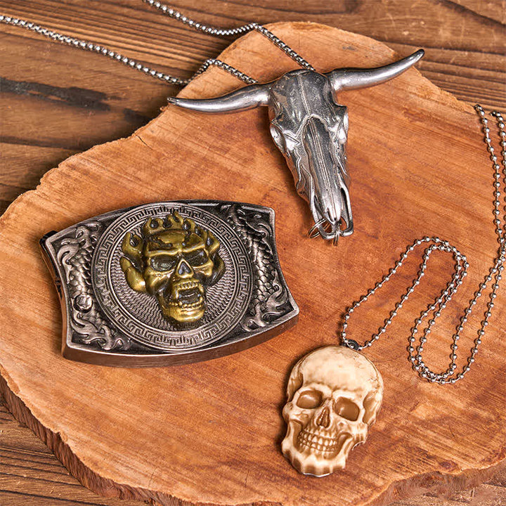 Gold Skull DIY Hidden Knife Belt Buckle Bull Pendant Skull Head Necklace Bundle Set - Gold Skull - Without Belt - Not Include Belt - image 1