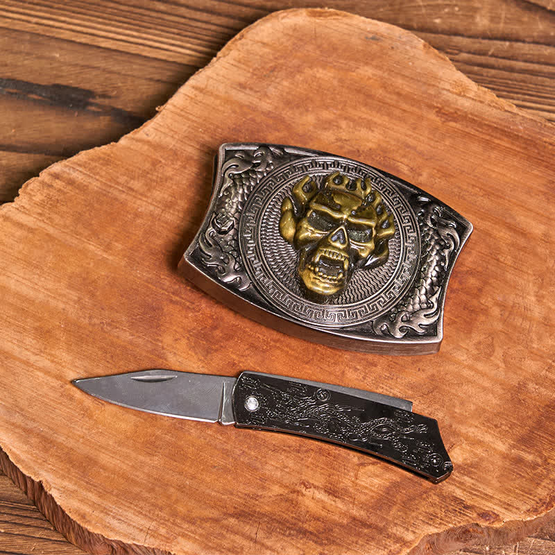 Gold Skull DIY Hidden Knife Belt Buckle Bull Pendant Skull Head Necklace Bundle Set - image 3