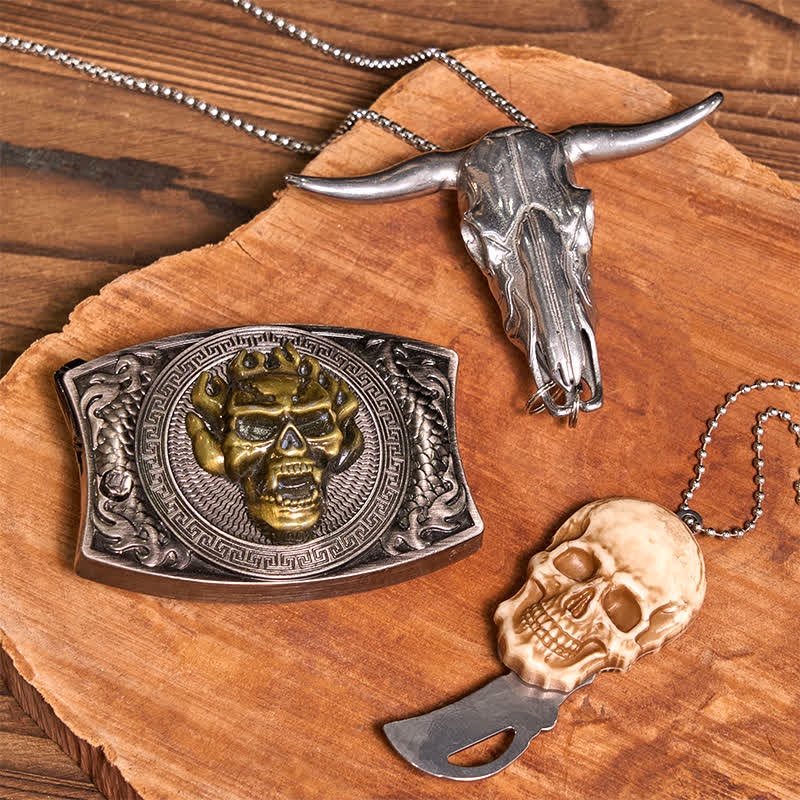 Gold Skull DIY Hidden Knife Belt Buckle Bull Pendant Skull Head Necklace Bundle Set - image 2