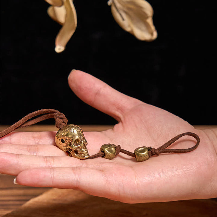 Motorcycle Accessory Brass Skull Head Leather Keychain - Skull - image 0