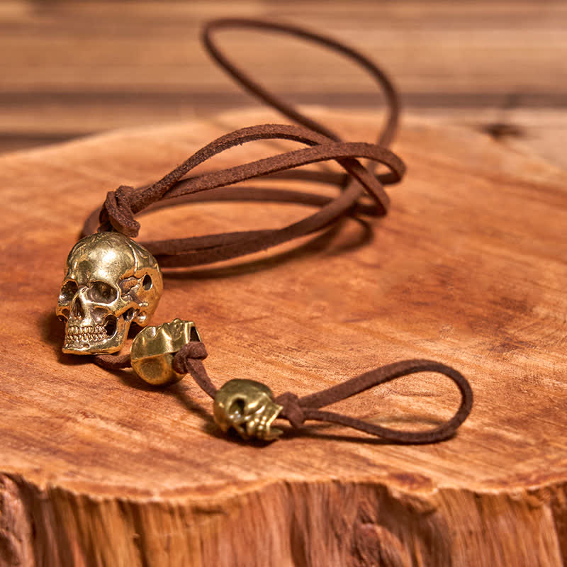 Motorcycle Accessory Brass Skull Head Leather Keychain - image 3