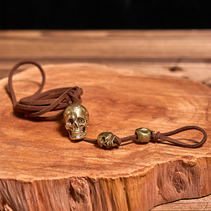 Motorcycle Accessory Brass Skull Head Leather Keychain - image 1