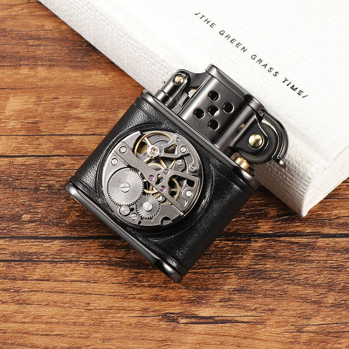 Steampunk Mechanical Antique Leather Flip Kerosene Lighter - Black - image 0