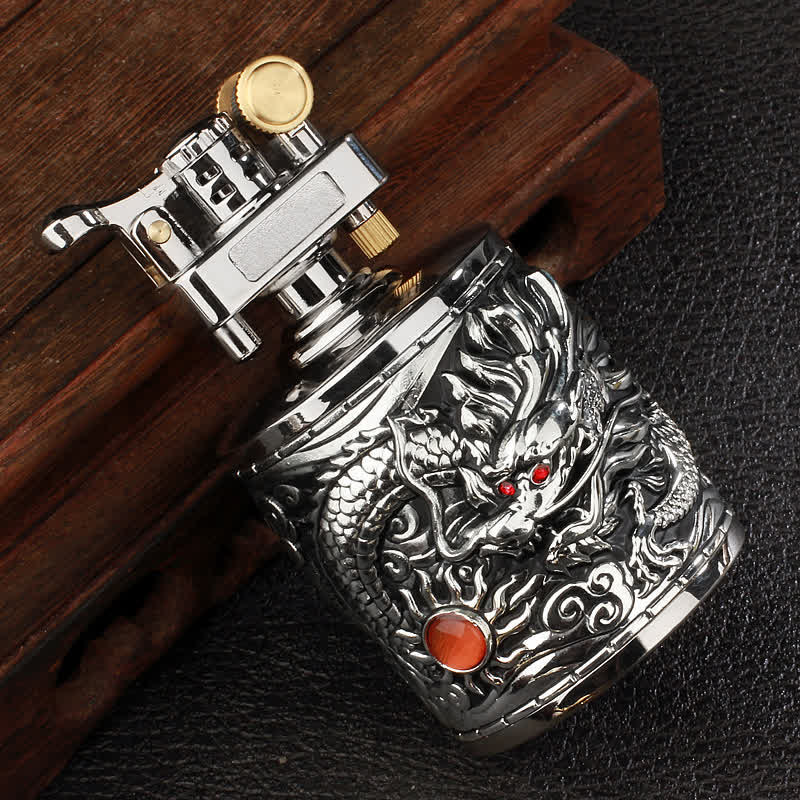 Flying Dragon Retro Cylindrical Refillable Kerosene Lighter - Antique Silver - image 3