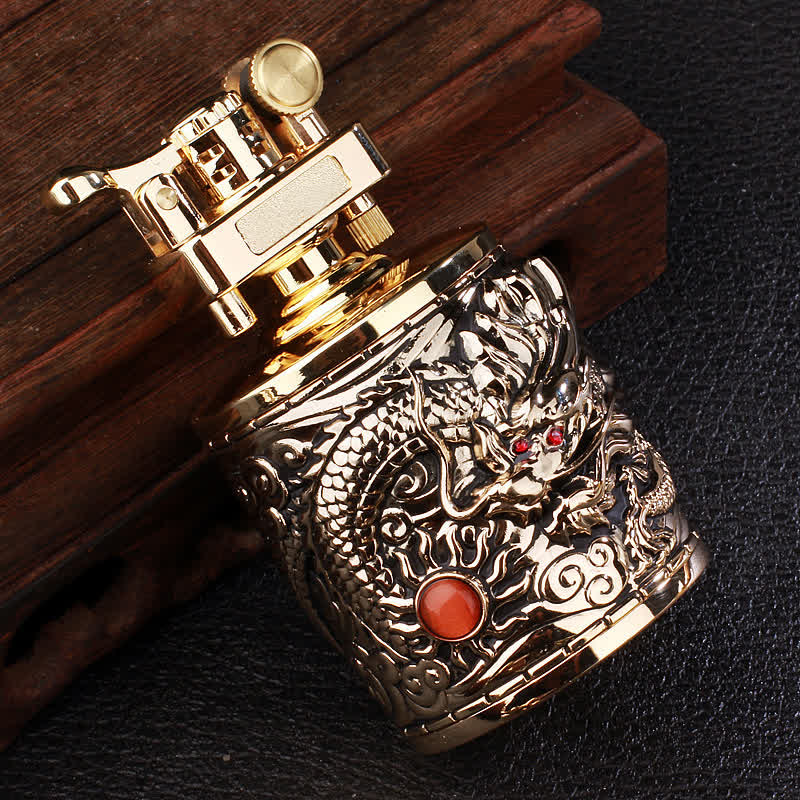 Flying Dragon Retro Cylindrical Refillable Kerosene Lighter - Antique Gold - image 0