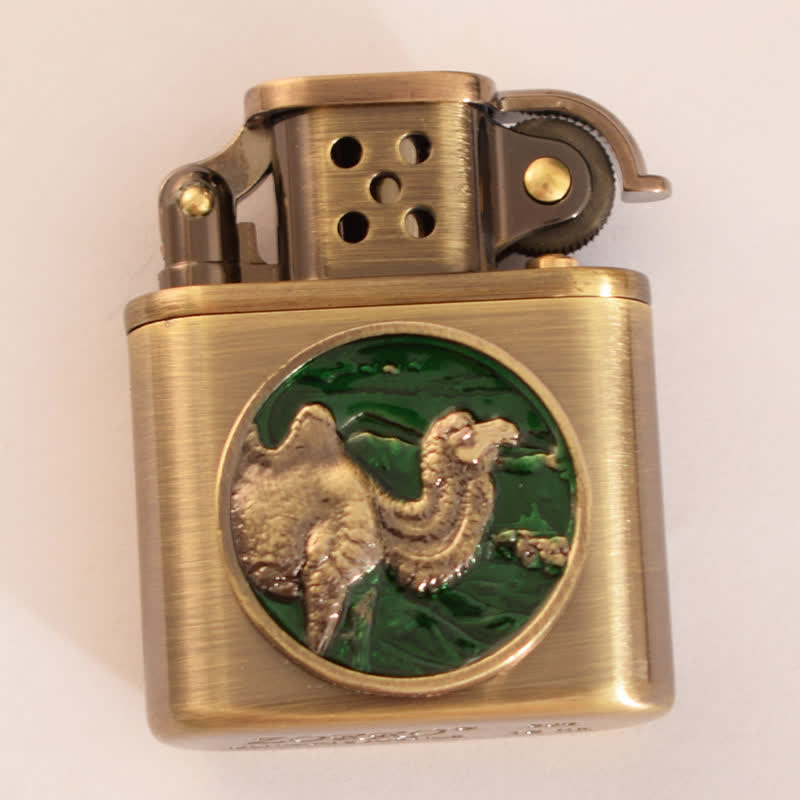 Antique Bronze Enameled Animal Pattern Refillable Kerosene Lighter - Green Camel - image 1