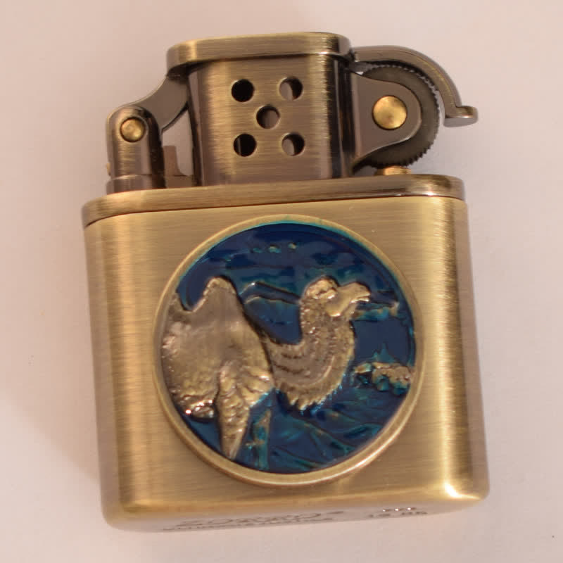 Antique Bronze Enameled Animal Pattern Refillable Kerosene Lighter - Blue Camel - image 6