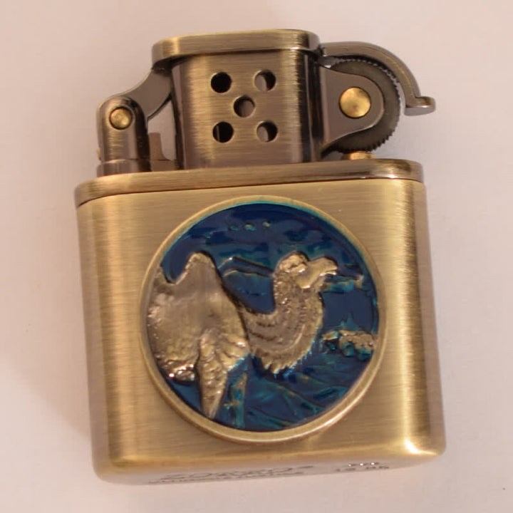 Antique Bronze Enameled Animal Pattern Refillable Kerosene Lighter - Blue Camel - image 6