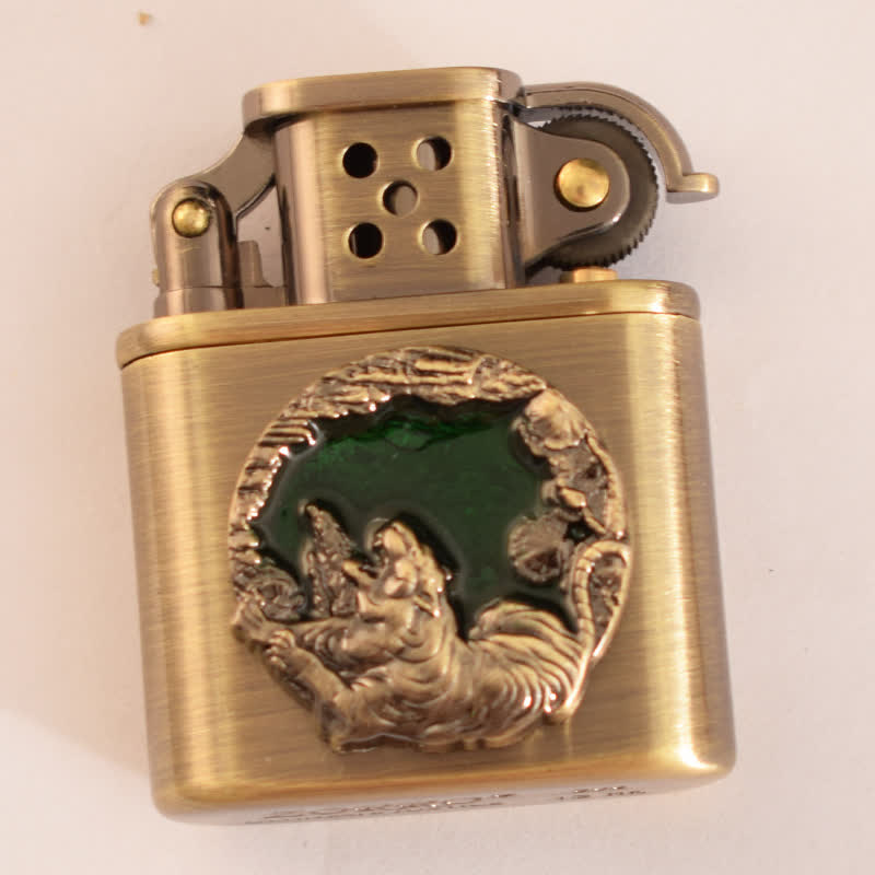 Antique Bronze Enameled Animal Pattern Refillable Kerosene Lighter - Green Tiger - image 10