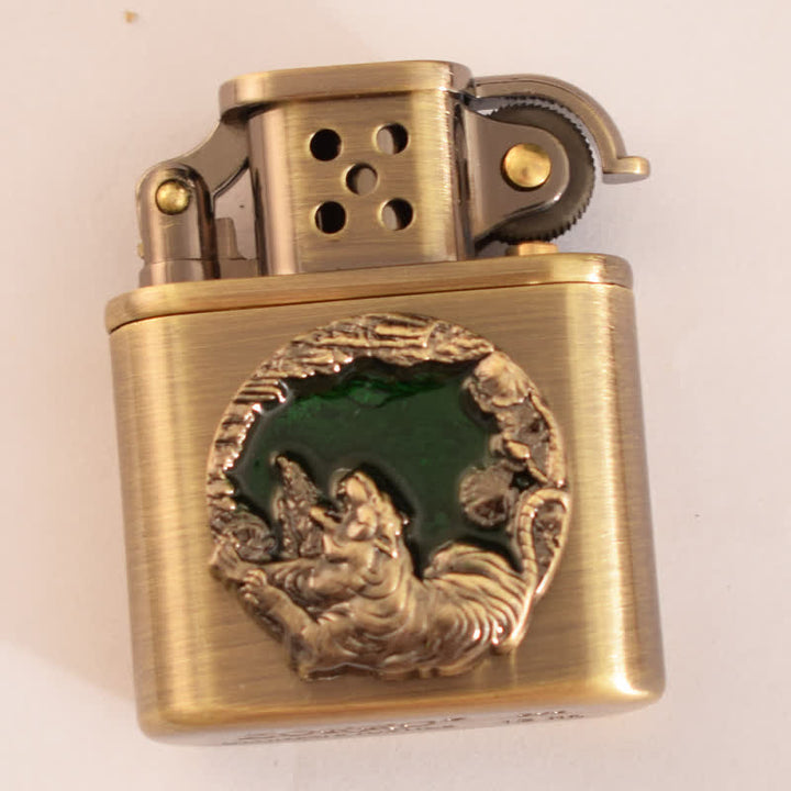 Antique Bronze Enameled Animal Pattern Refillable Kerosene Lighter - Green Tiger - image 10