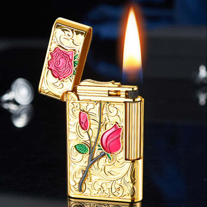 Gold Red Rose Flint Side Slide Refillable Butane Lighter - image 3