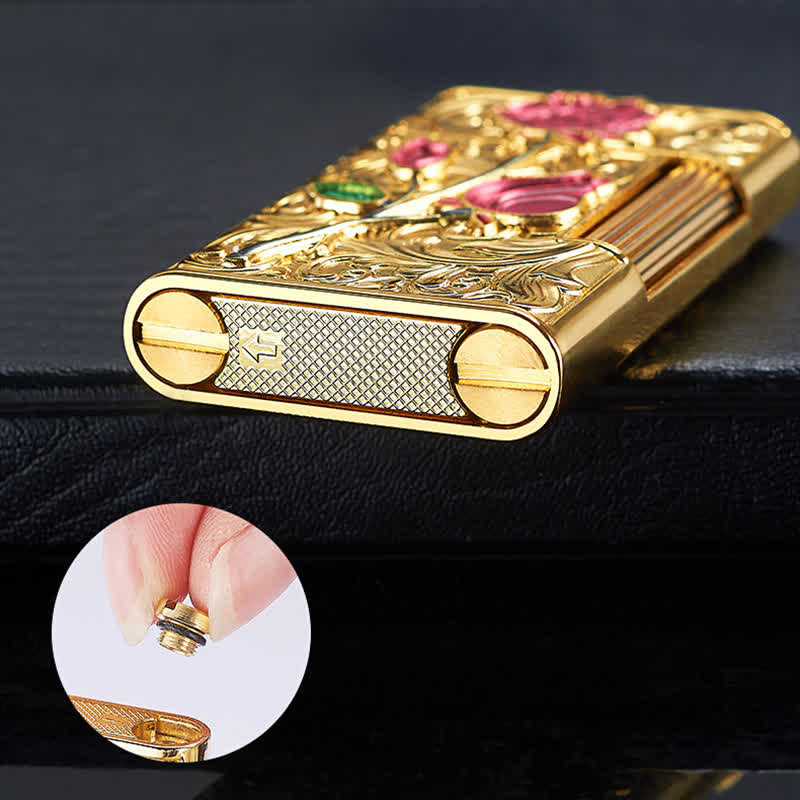 Gold Red Rose Flint Side Slide Refillable Butane Lighter - image 5