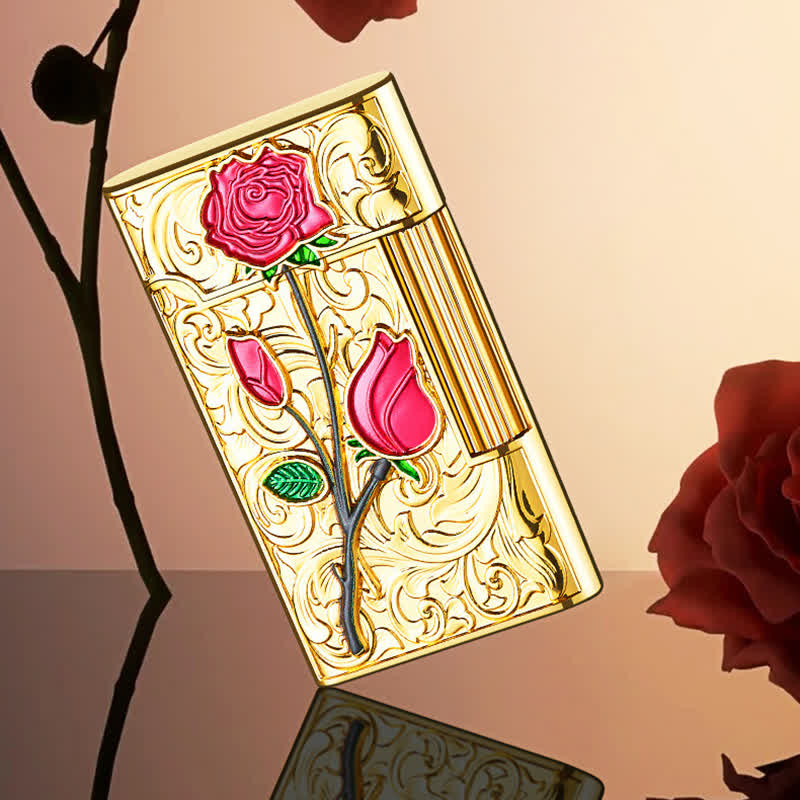Gold Red Rose Flint Side Slide Refillable Butane Lighter - image 4