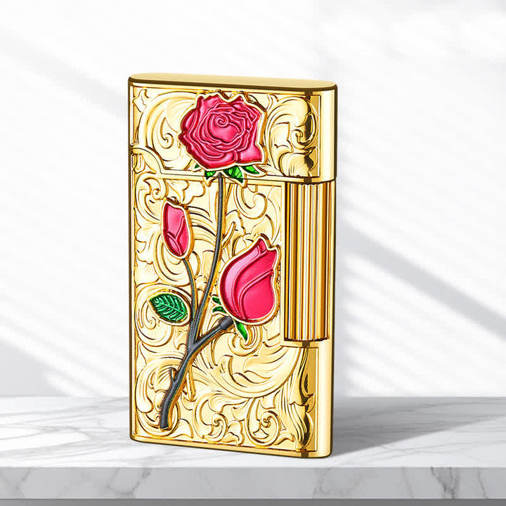 Gold Red Rose Flint Side Slide Refillable Butane Lighter - image 6