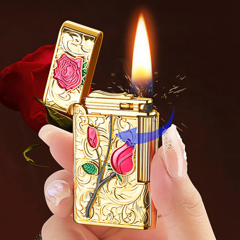 Gold Red Rose Flint Side Slide Refillable Butane Lighter - image 1