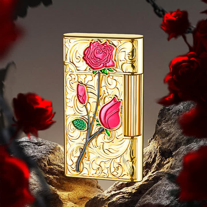 Gold Red Rose Flint Side Slide Refillable Butane Lighter - Gold - image 2