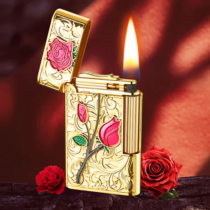 Gold Red Rose Flint Side Slide Refillable Butane Lighter - image 0