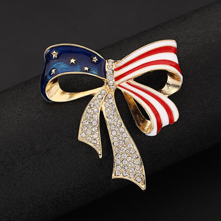 American Flag Bow Knot Rhinestone Brooch - Gold - image 0
